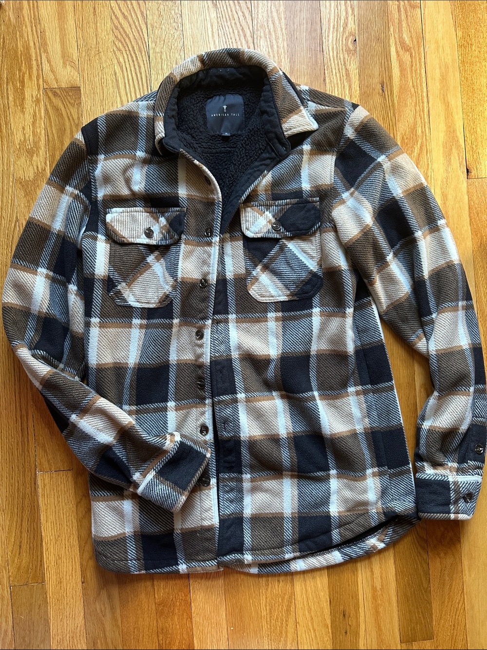 Men's Plaid Sherpa-Lined Shirt Jacket - Brown/Black/Cream American Tall M